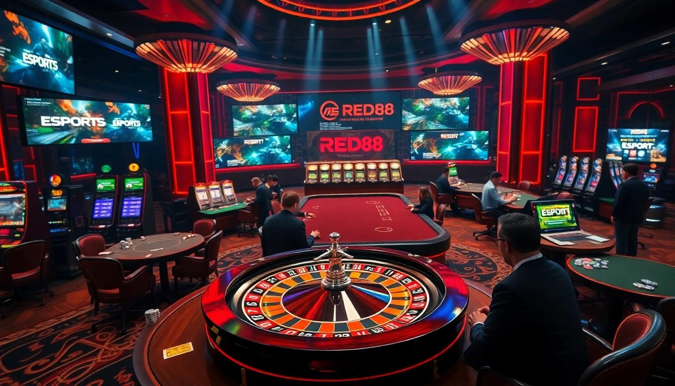 Red88 gaming action featuring roulette and poker tables in a vibrant casino atmosphere.