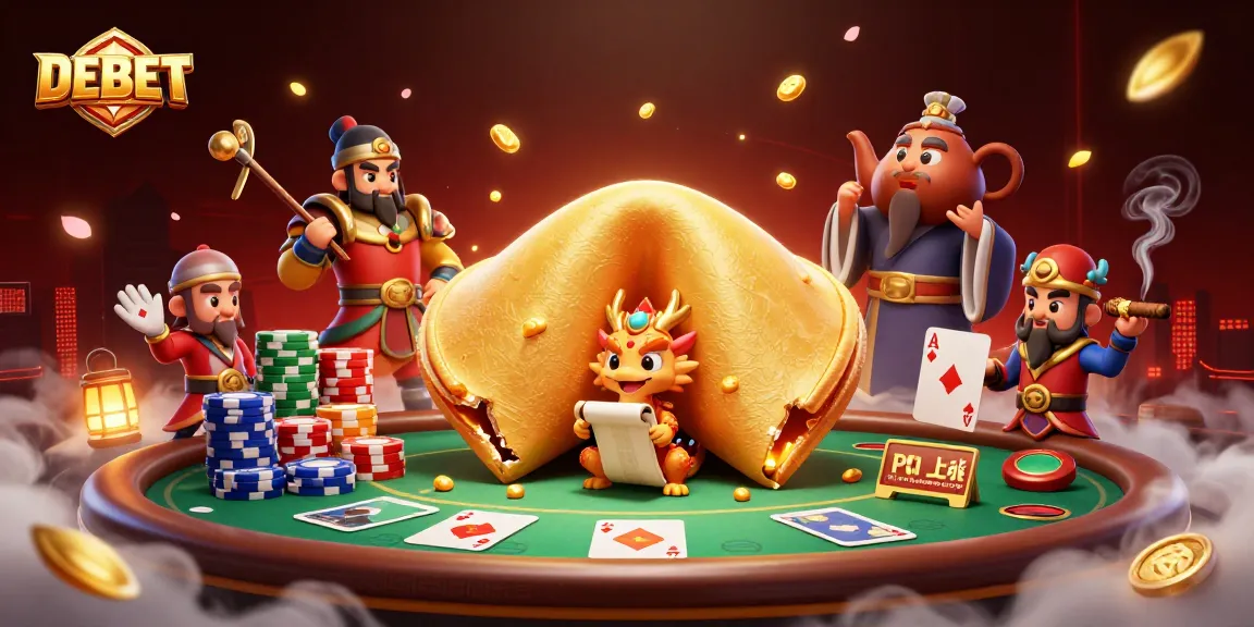 Experience the thrill of DEBET gaming with a vibrant, dynamic illustration showcasing poker action and fortune elements.