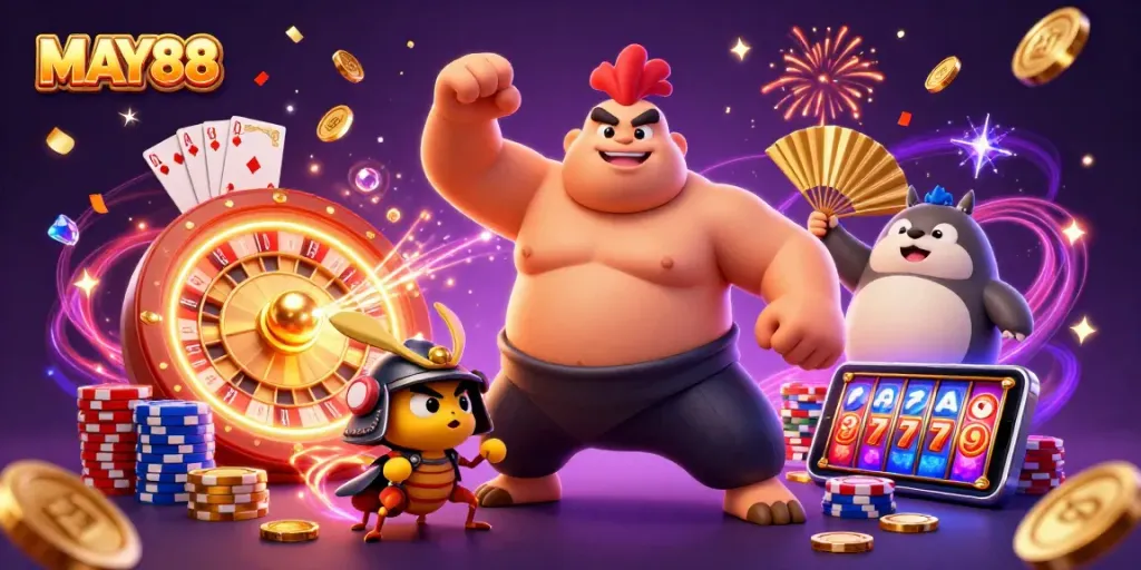 MAY88 engages players with thrilling casino action featuring a sumo rooster and dynamic gaming elements.