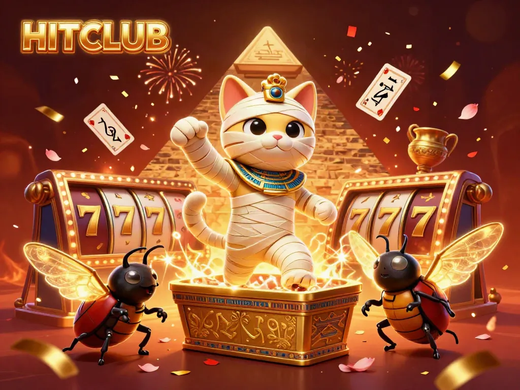 Experience thrilling gameplay with HITCLUB, featuring a vibrant scene of a mummy cat and magical casino elements.