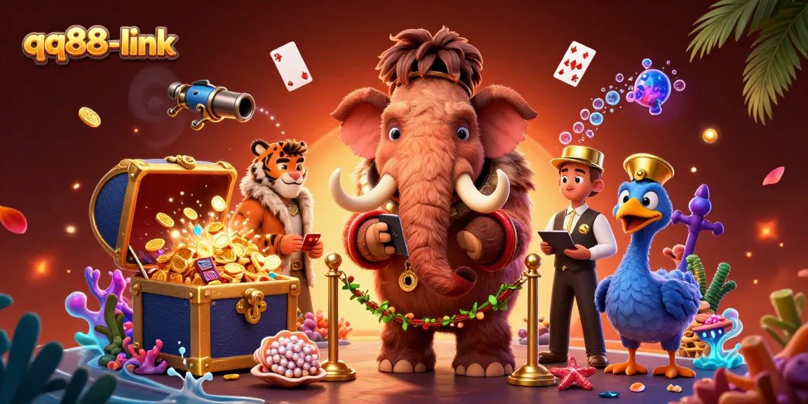 Experience vibrant gaming with qq88-link's digital casino bouncer and dynamic elements in a 3D illustration.