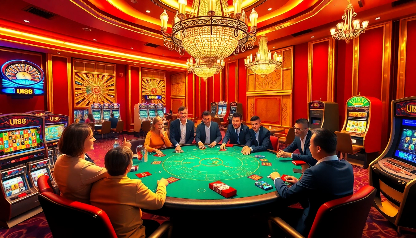 Experience the excitement of UU88 with players at a luxurious casino table, highlighting professional gambling.