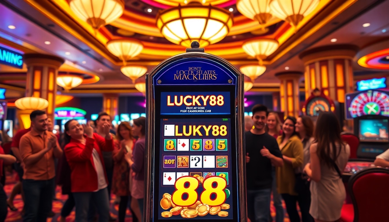 Players enjoying a thrilling win on the LUCKY88 slot machine in a bustling casino environment.