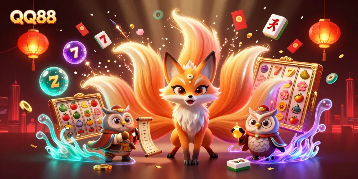 Experience QQ88's vibrant slot games with a dynamic scene featuring a nine-tailed fox and lucky symbols