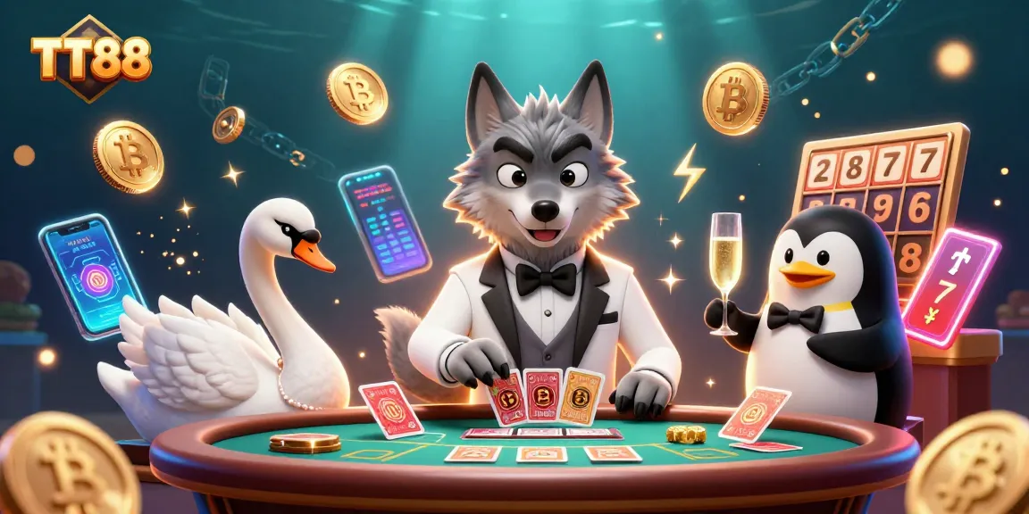 TT88 showcases a debonair wolf and friends enjoying casino action with cards, champagne, and digital currencies.