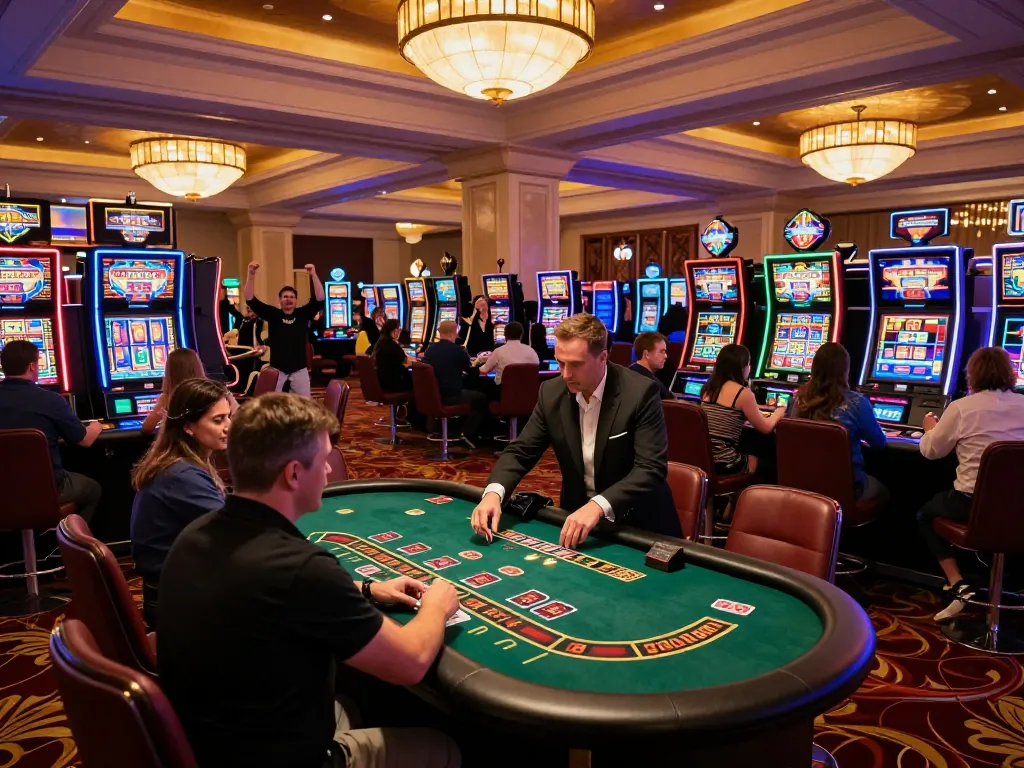 Experience lc88 best at the vibrant casino floor with players engaged in exciting games, celebrating wins.