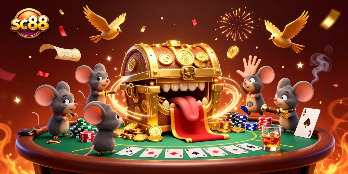 sc88 attracts players with a treasure chest surrounded by poker and festive elements