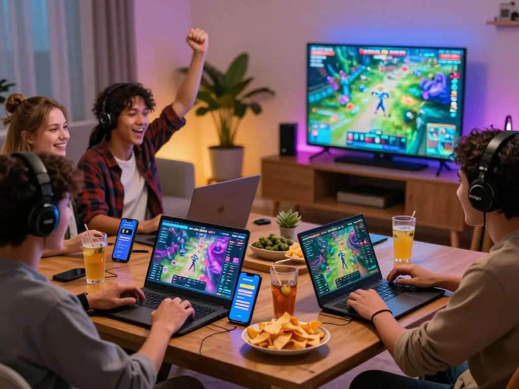 Friends enjoying gaming session with tải go88 app interface in a cozy setup.