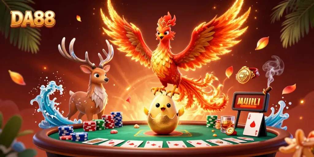 Play and win at DA88 with exciting poker scenes featuring vibrant characters and casino flair.