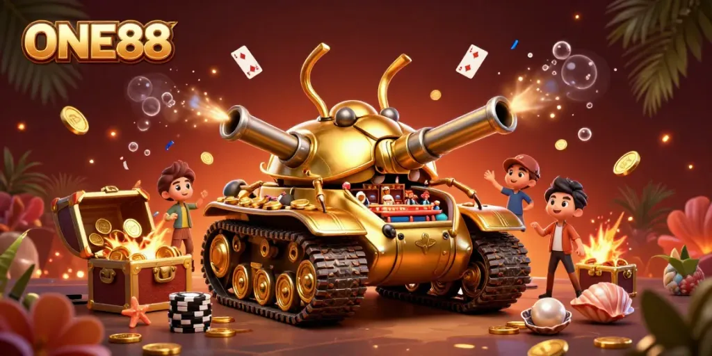 Experience ONE88's vibrant casino adventures in a golden beetle tank bursting with excitement.