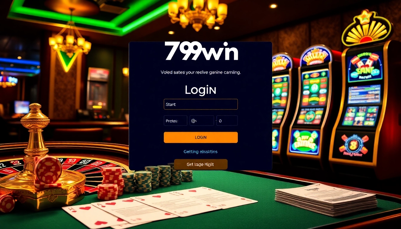Visualize 789win đăng nhập process with luxury casino elements like roulette and poker chips.