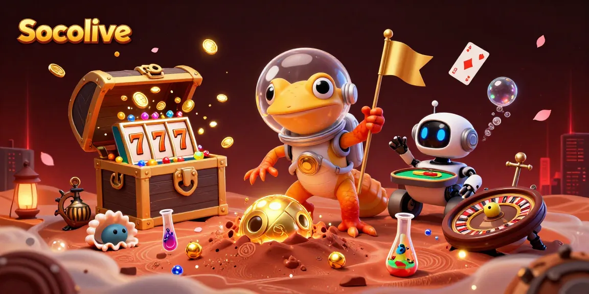 Socolive delivers dynamic casino gaming with an ultra-detailed 3D scene featuring a Martian gecko and casino elements.
