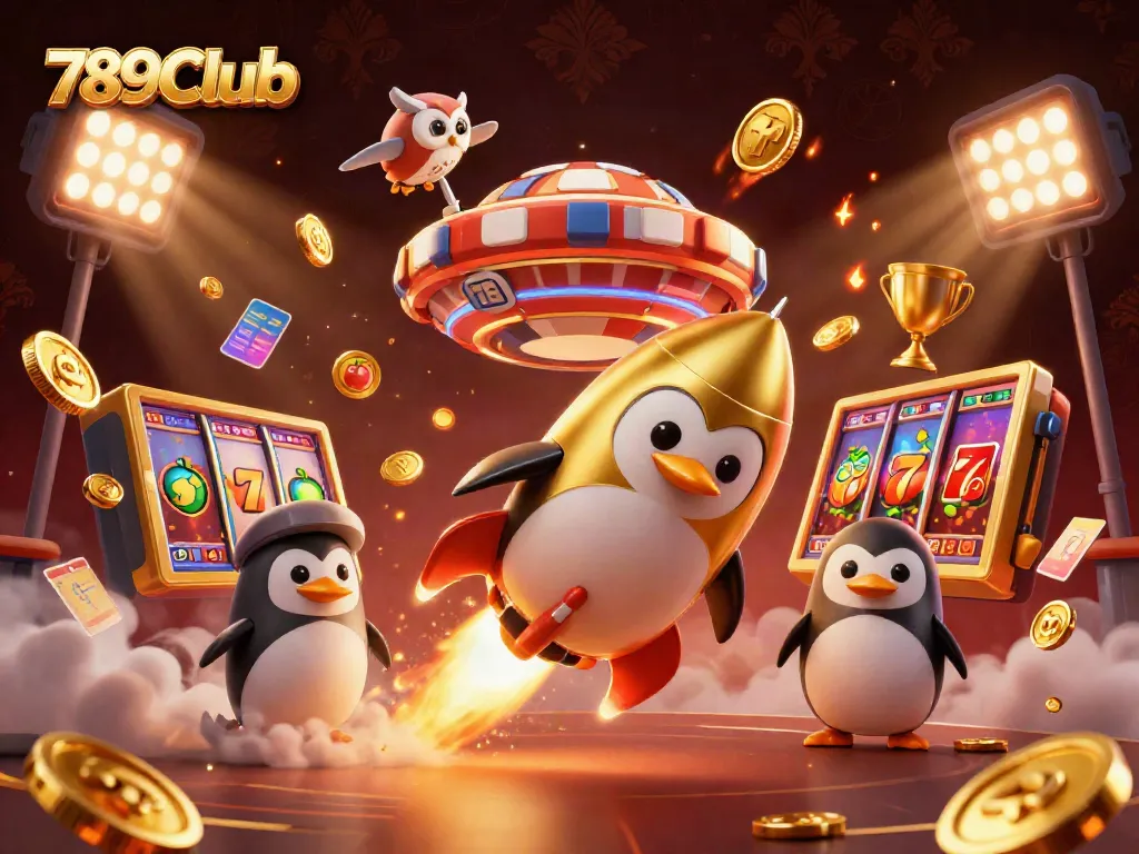 Experience thrilling gaming with 789Club's exciting golden penguin rocket blasting through a casino-themed universe.