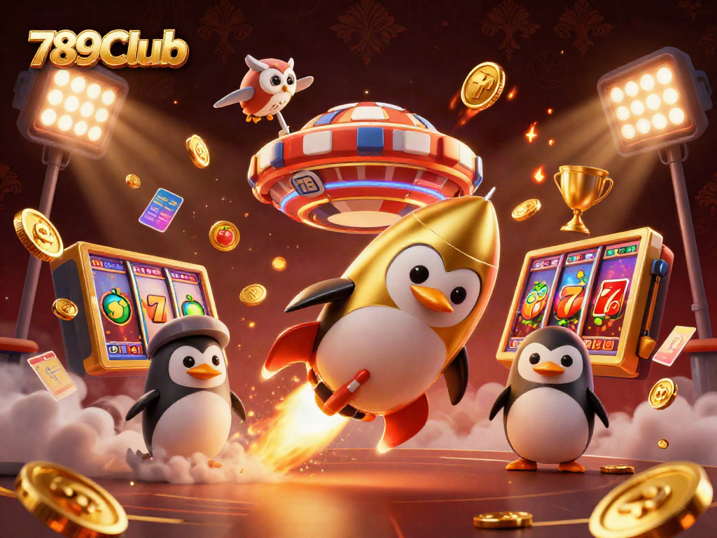 Experience thrilling gaming with 789Club's exciting golden penguin rocket blasting through a casino-themed universe.