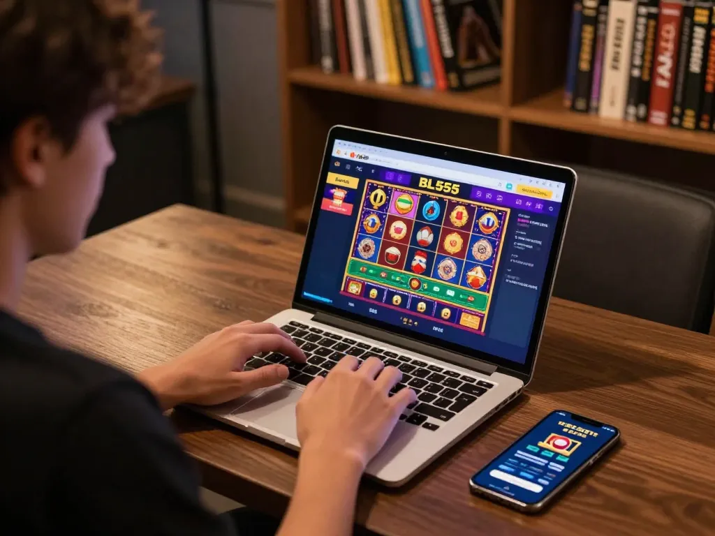 Engaging online casino experience at nhà cái BL555 with gaming setup featuring laptop and smartphone.