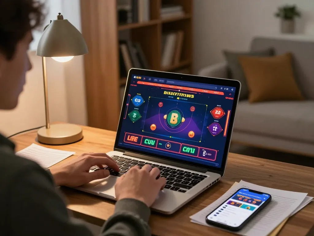 Player navigating an online game at home, showcasing fun88cd for a thrilling gaming experience.