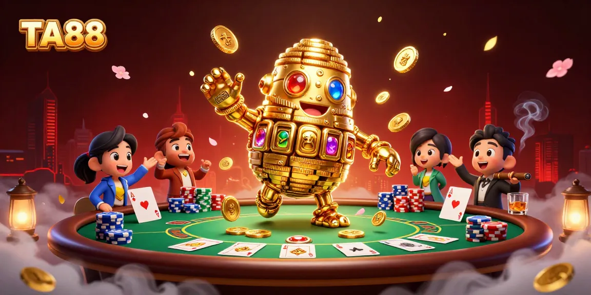 TA88 golem entertains players at a vibrant poker table surrounded by action-packed gaming elements.