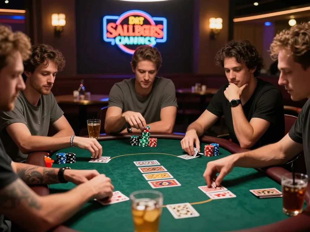 Friends engaging at a poker table with colorful chips and cards at https://bomwin.jp.net/ creating a lively gambling atmosphere.