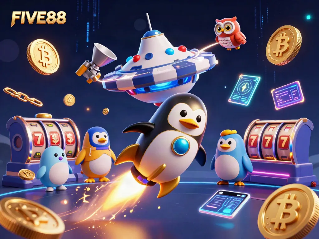 Engage with FIVE88's electrifying gaming scene featuring a golden penguin and cosmic jackpot elements.
