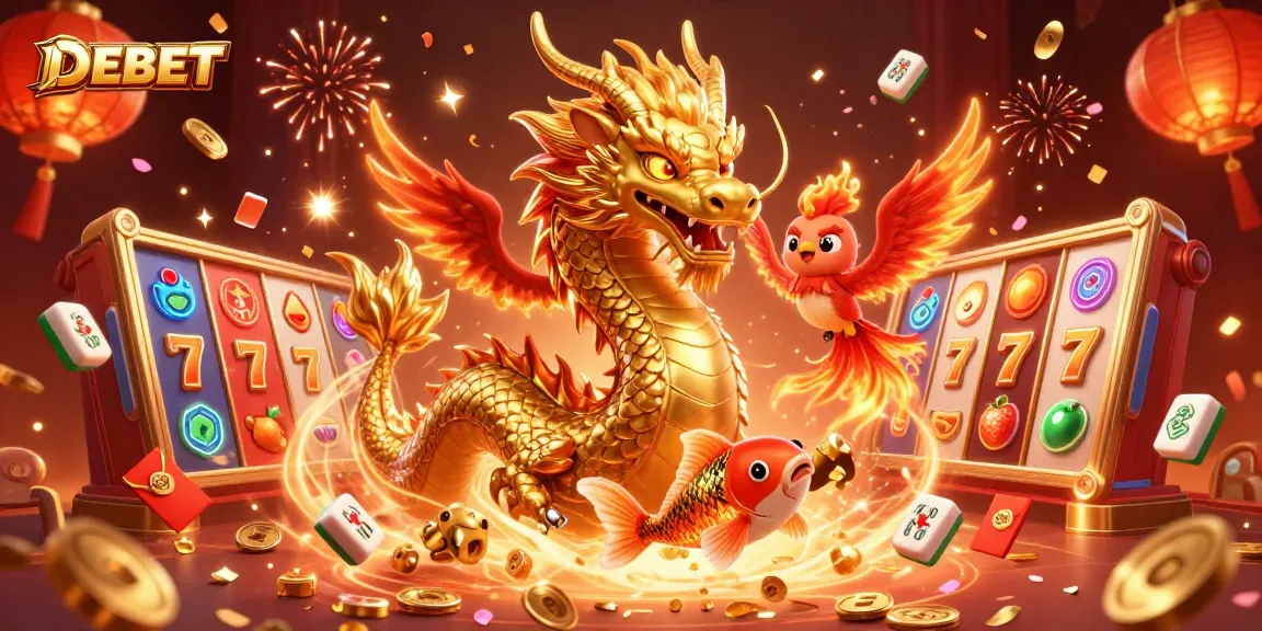 Experience DEBET's vibrant casino scene with a dragon, phoenix, and koi fish amidst slot reels and festive elements.