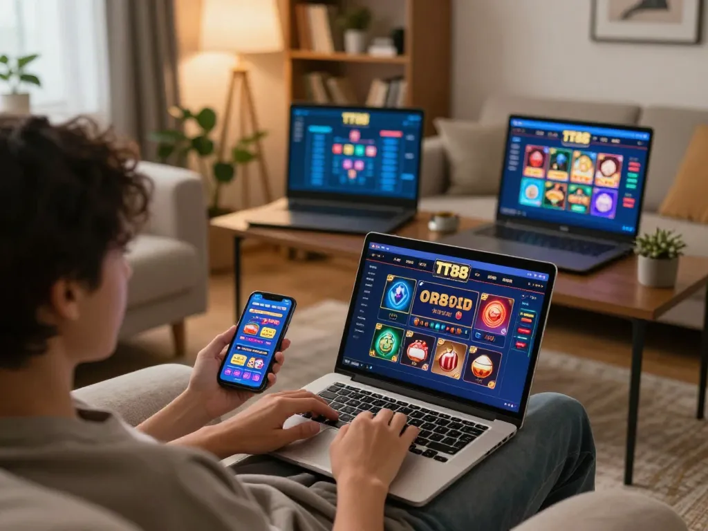 Engaging in online gaming at TT88 with laptop and smartphone in a cozy home setting