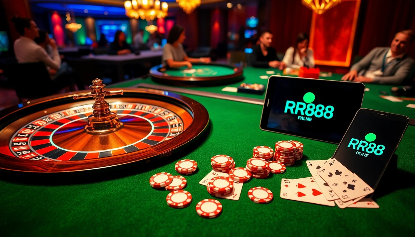 Experience the excitement of RR88 with vibrant casino visuals of roulette and poker games.