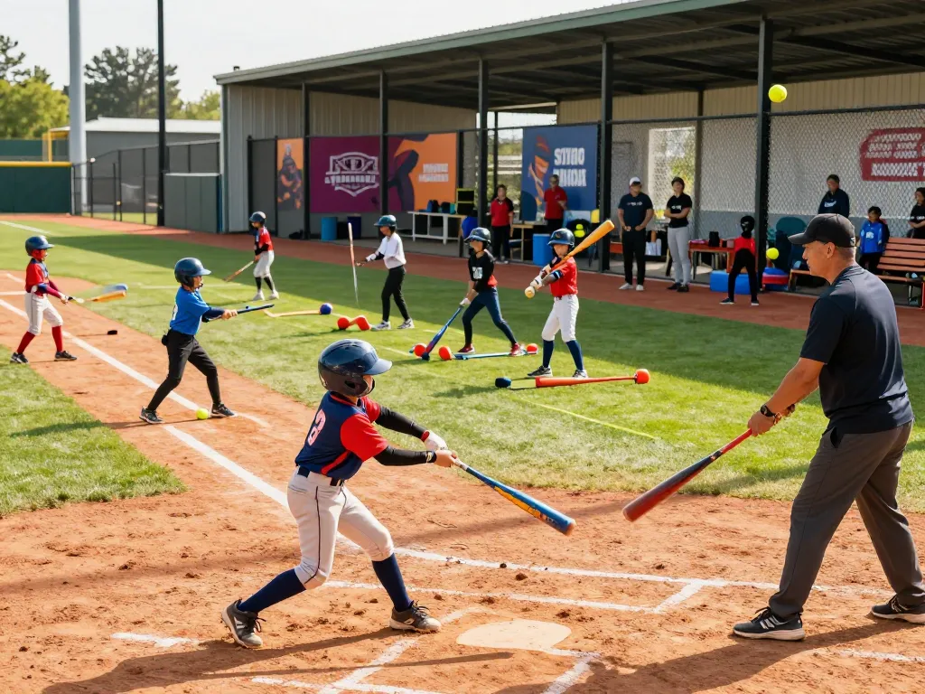 Youth training at hitclub baseball facility showcasing diverse players practicing batting techniques with coaches guiding them.