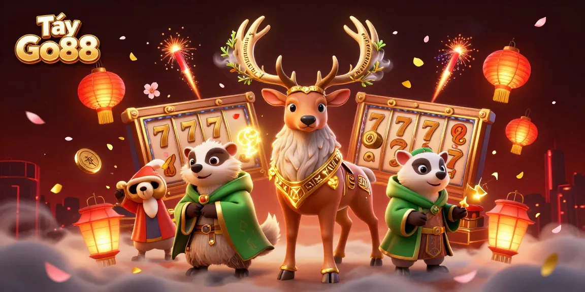 Tải Go88 in an energetic casino scene with a druid stag, badger, and slot game elements