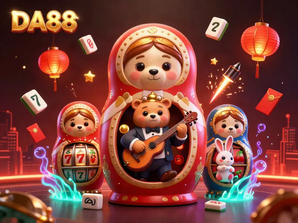 Experience the thrill of DA88 with vibrant casino elements, featuring a playful scene of animated characters and festive decorations.