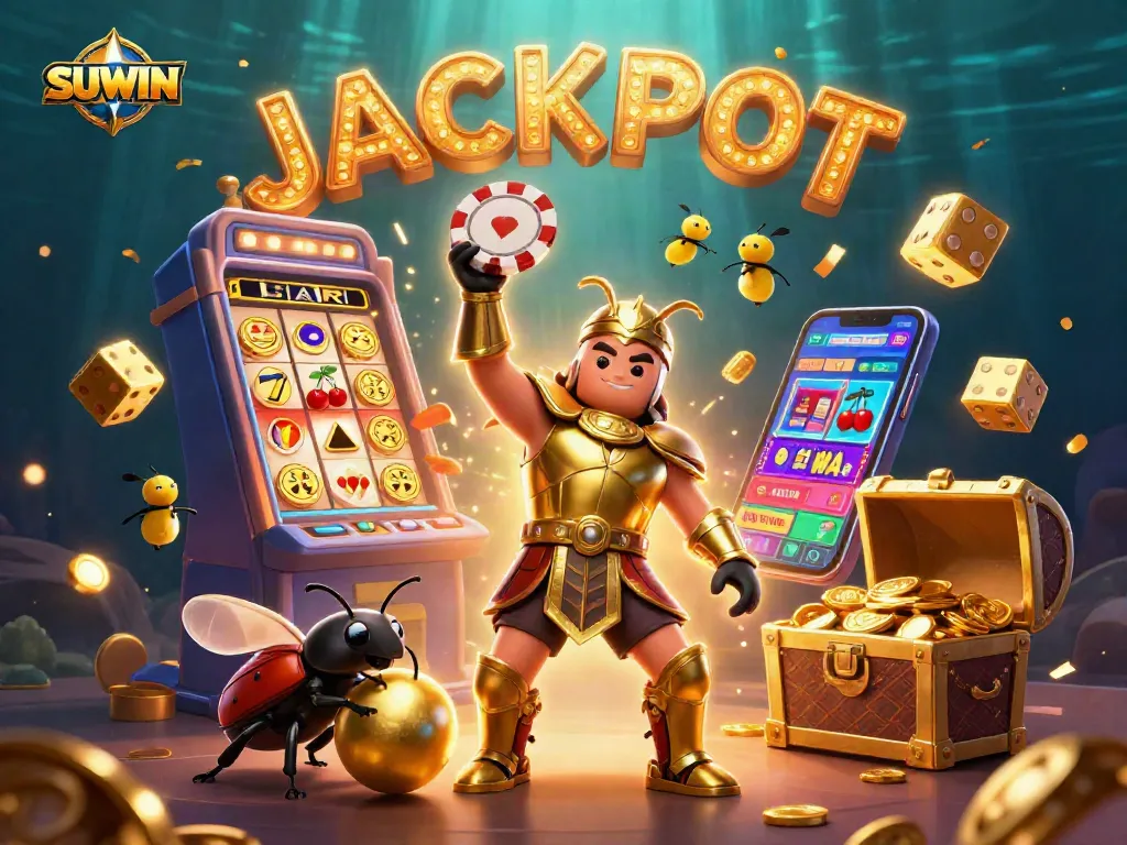 Suwin's exciting jackpot scene shows a heroic beetle lifting a chip with coins bursting from a slot machine