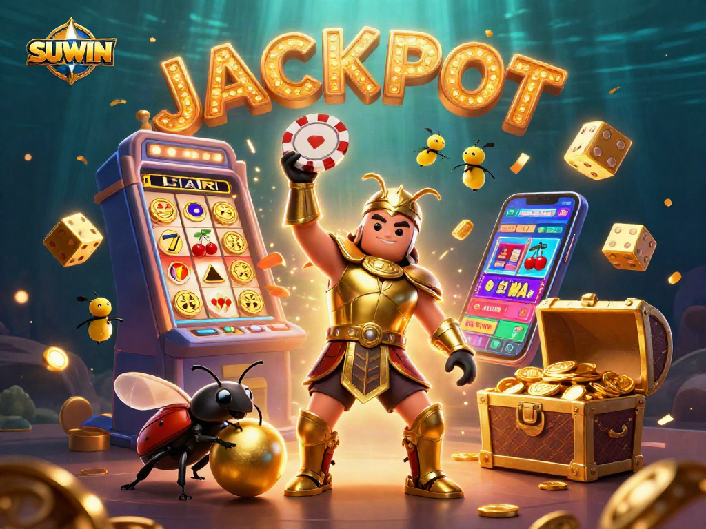Suwin's exciting jackpot scene shows a heroic beetle lifting a chip with coins bursting from a slot machine