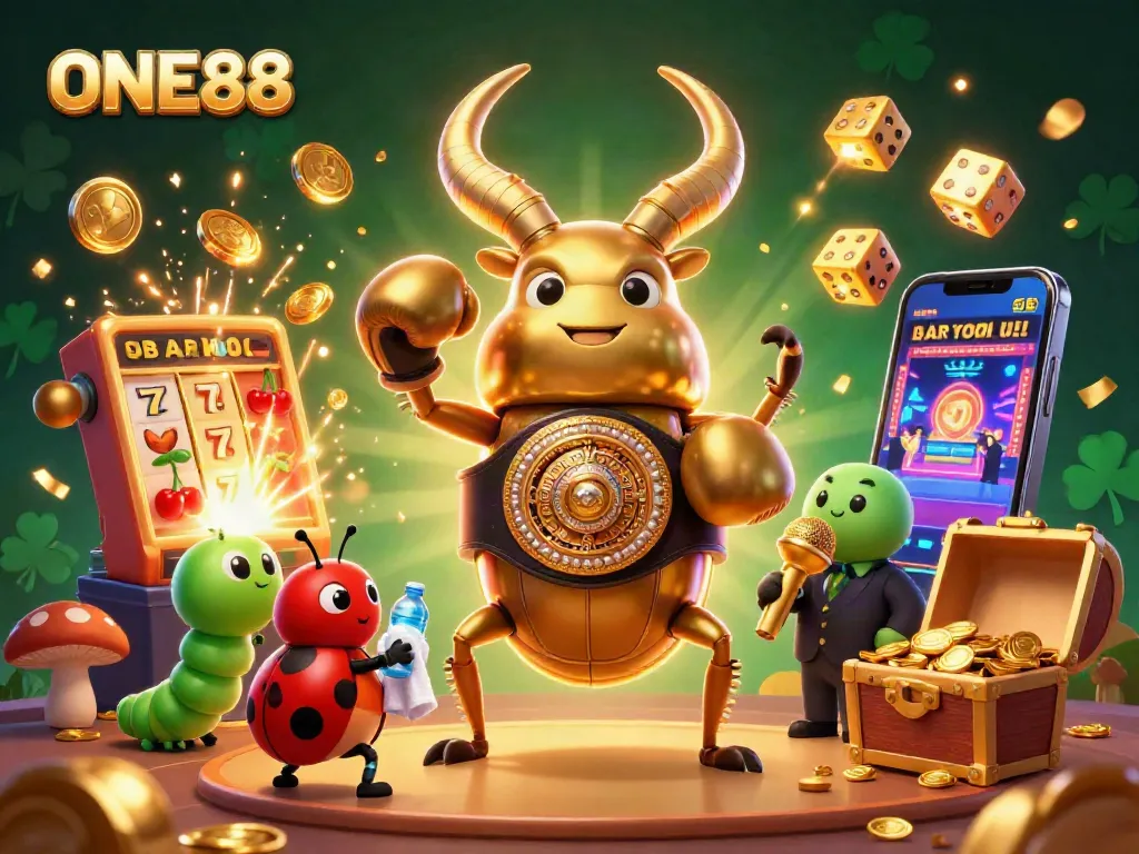 Engage with the thrilling ONE88 online gambling scene featuring vibrant characters, dynamic casino elements, and rich visuals.