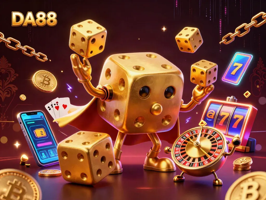 Engage in thrilling gaming at DA88 with a dynamic display of a golden dice golem and crypto elements.