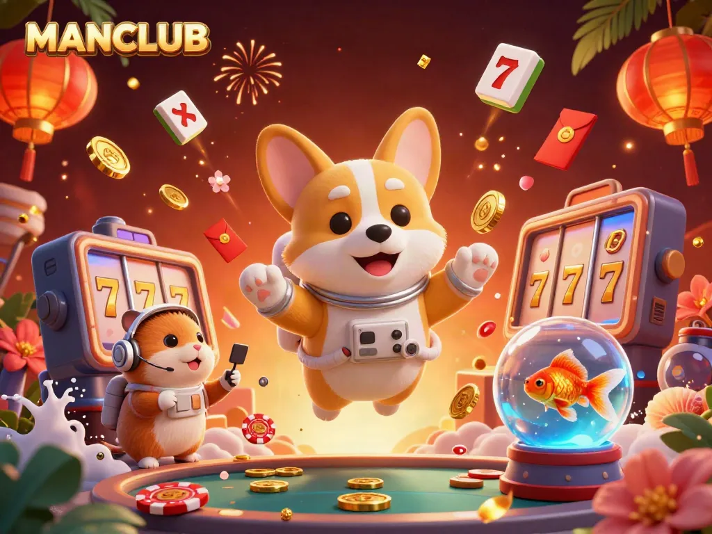 Experience thrilling gaming with MANCLUB as vibrant casino elements and characters float in zero gravity.