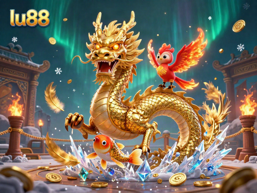 Experience thrilling luck at lu88 with a golden dragon and phoenix amidst a vibrant gaming scene.