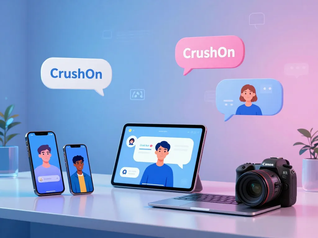 Engaging CrushOn AI chat interface with diverse avatars on sleek devices in a vibrant digital workspace.