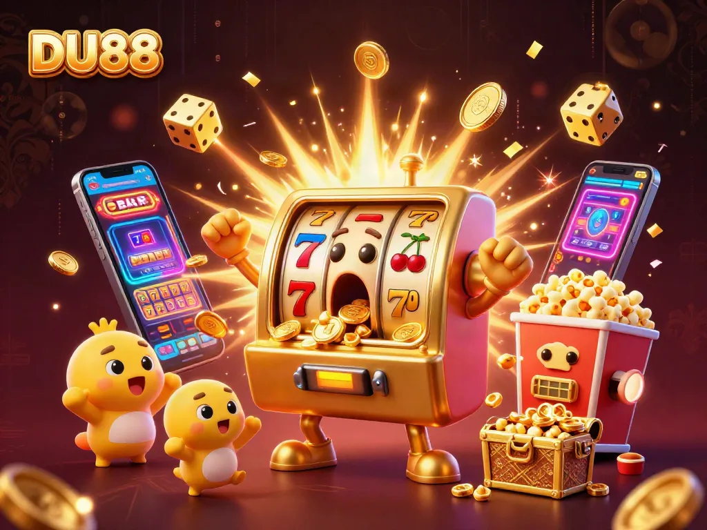 Watch DU88's golden slot machine win big, showering coins in an exciting casino scene.