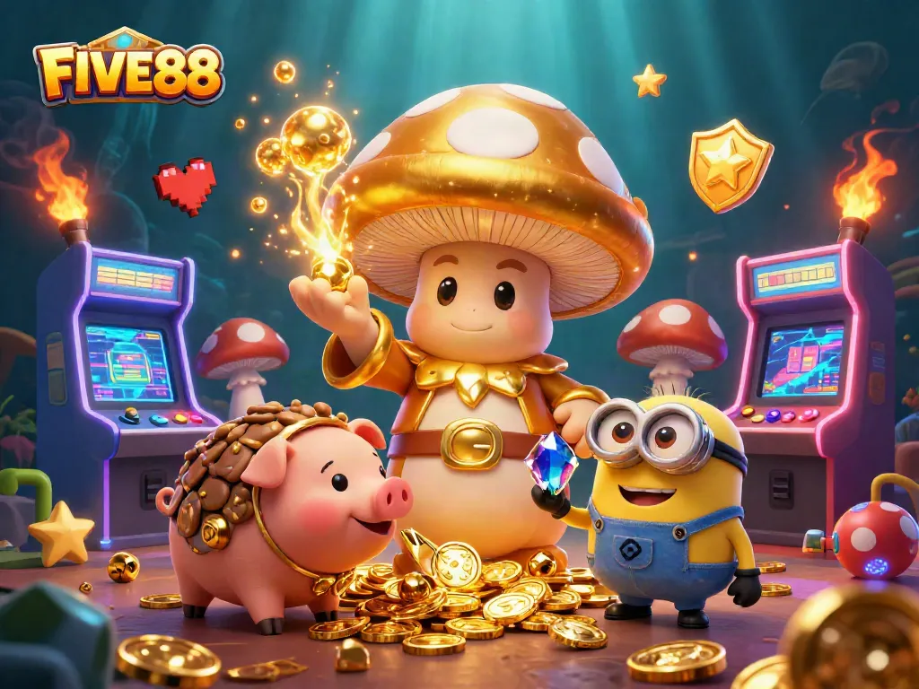 Engage with FIVE88's magical gaming world featuring golden treasures and vibrant arcade machines.