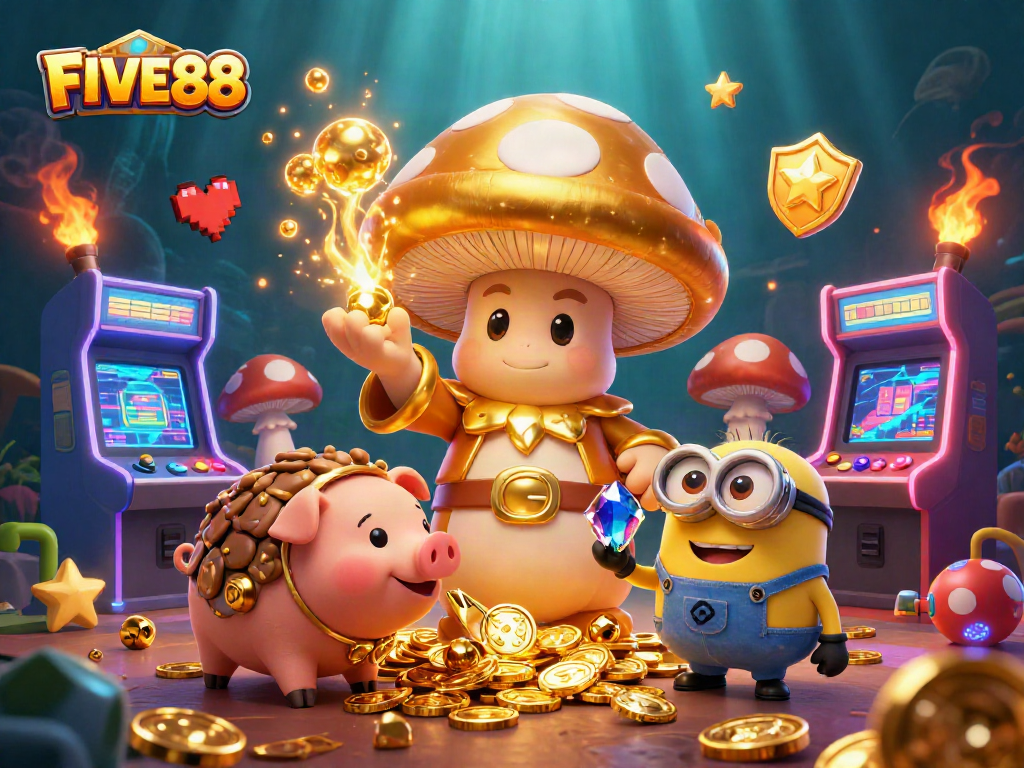 Engage with FIVE88's magical gaming world featuring golden treasures and vibrant arcade machines.