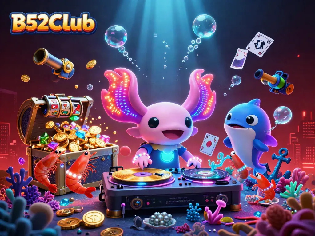 Engage in the excitement at B52CLub with a vibrant underwater casino scene featuring animated characters.