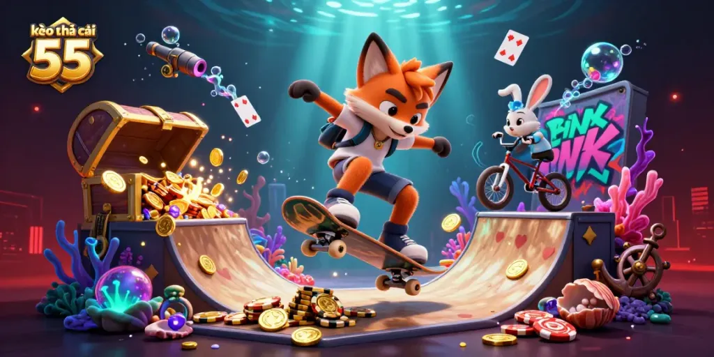 Engage with kèo nhà cái 55 through a vibrant scene celebrating online betting in a casino-themed illustration.