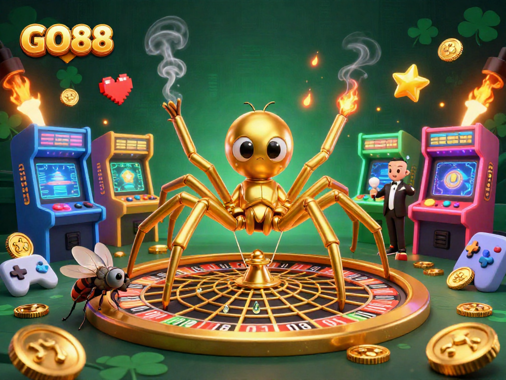 Experience thrilling bets at GO88 with a vibrant 3D illustration depicting a roulette wheel web and dynamic gaming elements.