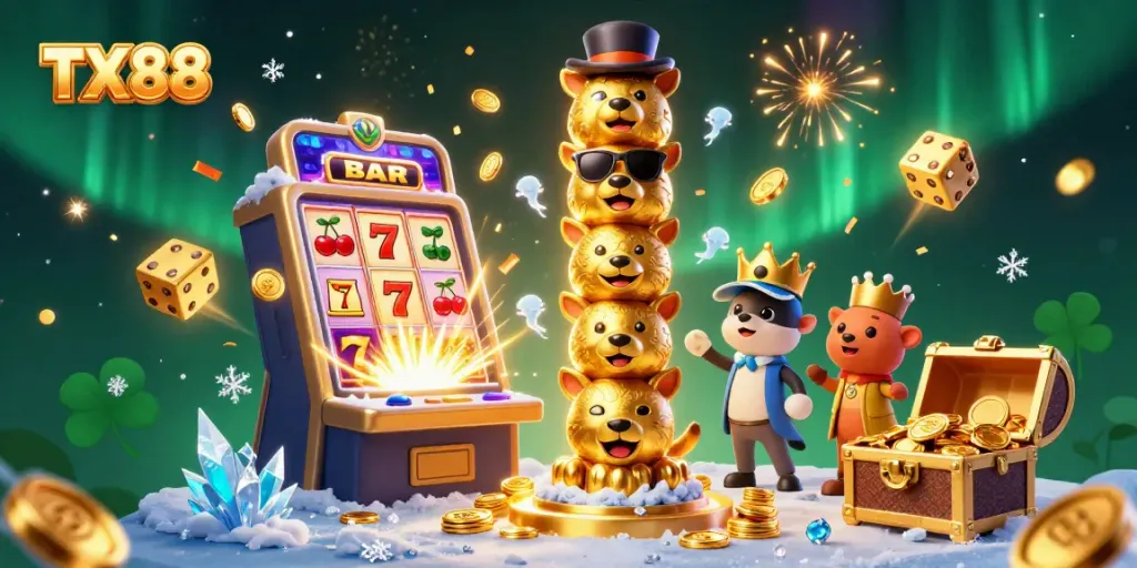 Experience thrilling wins with TX88's dynamic casino scene featuring a golden totem and jackpot symbols.