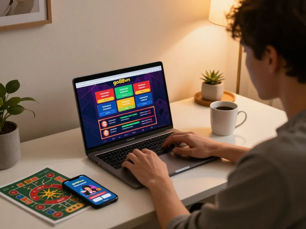 Engaged user playing on go88vn's casino app during a cozy evening at home