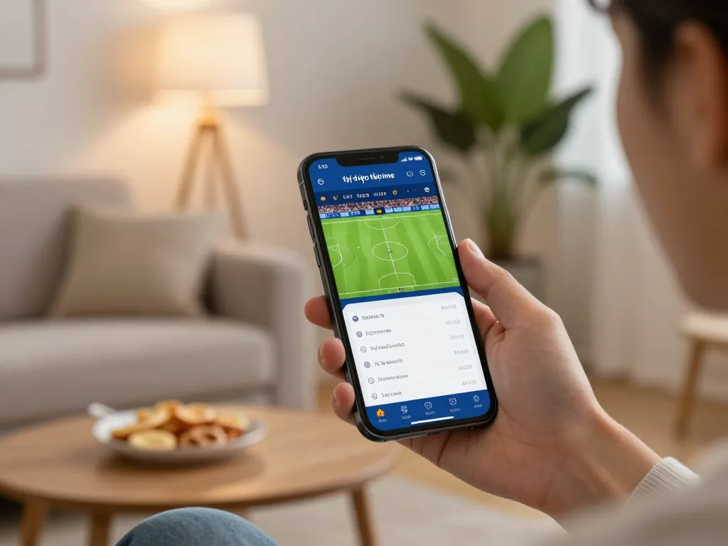 Engaging in tỷ lệ kèo trực tuyến while using a smartphone for sports betting in a cozy home setting.