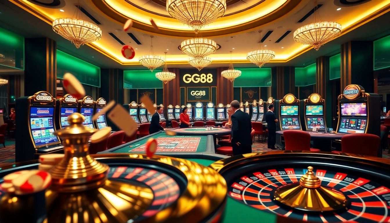 Cheerful gamblers enjoying various games at GG88 casino with colorful betting chips.