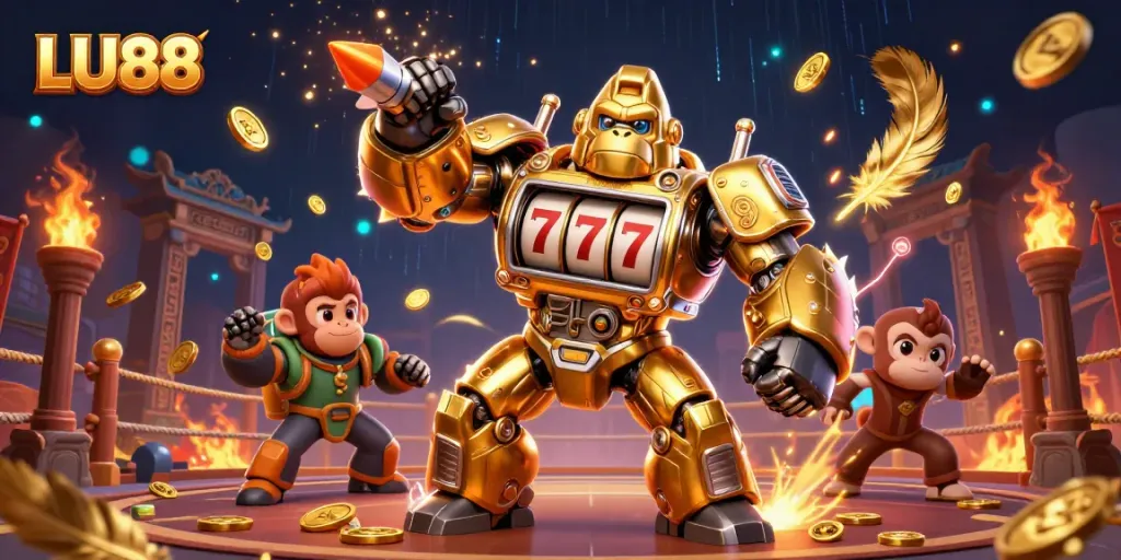 Experience the excitement of LU88 with a dynamic 3D illustration of a golden gorilla mech and vibrant casino elements.