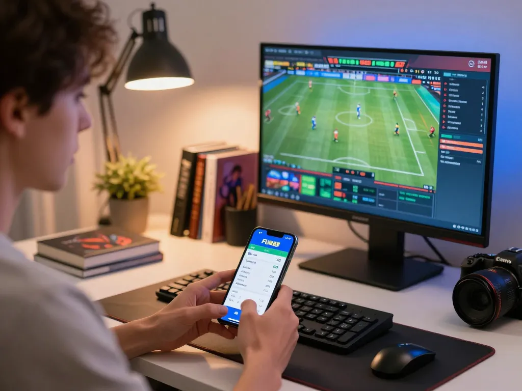 Engage with FUN88 sports betting app on smartphone in a cozy home office setting, showcasing thrilling live betting.