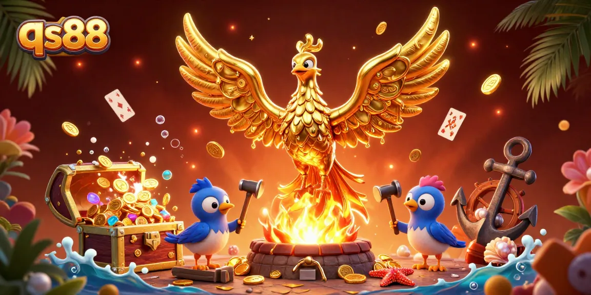 Grab winnings at qs88 with golden phoenix emerging from a treasure-filled scene.