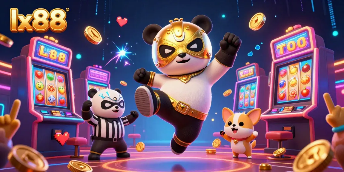 Experience exciting slots action with lx88 featuring a panda doing a flying kick in a lively casino